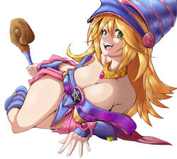  :d blonde_hair blue_legwear blue_sleeves breasts cleavage collarbone dark_magician_girl detached_sleeves duel_monster female green_eyes hair_between_eyes highres holding holding_staff large_breasts long_hair looking_at_viewer lying on_side open_mouth simple_background smile solo staff t3x white_background yu-gi-oh! 