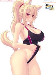  animal_ear_fluff animal_ears bare_arms bare_shoulders black_one-piece_swimsuit blonde_hair blush breasts cat_ears cat_girl cat_tail cleavage collarbone commentary competition_swimsuit cowboy_shot female from_side hair_ornament hair_scrunchie highres large_breasts long_hair looking_at_viewer navel nottytiffy one-piece_swimsuit original parted_lips patreon_username ponytail red_eyes scrunchie sideboob simple_background slit_pupils smile solo swimsuit tail tiffy_(nottytiffy) white_background 