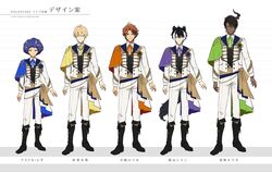  5boys afro ahoge alternate_costume alternate_hairstyle animal_ears aqua_eyes aragami_oga astel_leda award_ribbon black_footwear black_hair black_vest blonde_hair blue_eyes blue_ribbon boots buttons character_name closed_mouth collar_chain_(jewelry) collared_shirt commentary concept_art copyright_name copyright_notice cross-laced_footwear curtained_hair dark-skinned_male dark_skin double-breasted ear_piercing earrings fold-over_boots full_body gold_trim green_eyes green_ribbons hair_between_eyes height_chart heterochromia holostars holostars_idol_uniform_(1st_act) horns idol idol_clothes jackal_boy jackal_ears jackal_tail jacket jewelry kageyama_shien kishido_temma knee_boots lace-up_boots layered_clothes light_smile looking_at_viewer male_focus multicolored_hair multiple_boys neck_ribbon nozaki_tsubata open_clothes open_jacket orange_eyes orange_hair orange_ribbon outstretched_arm pants parted_bangs piercing purple_eyes purple_ribbon ribbon sash shirt short_hair side_cape simple_background single_earring single_horn smile standing straight-on streaked_hair swept_bangs two-tone_hair uniform v-shaped_eyebrows vest virtual_youtuber waistcoat white_hair white_jacket white_pants white_shirt yellow_eyes yellow_ribbon yukoku_roberu 