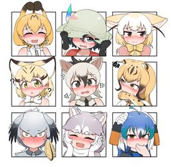  6+girls :d @_@ aardwolf_(kemono_friends) animal_ears bird_girl bird_wings black_gloves black_hair black_necktie black_shirt blonde_hair blue_bow blue_bowtie blue_eyes blue_hair blush blushing_girls_are_cute_(template) bow bowtie brown_eyes cat_ears cat_girl cheetah_(kemono_friends) cheetah_ears cheetah_girl chis_(js60216) closed_eyes collared_shirt commentary covering_face dog_(mixed_breed)_(kemono_friends) dog_ears dog_tail ear_blush ears_down elbow_gloves embarrassed expressions extra_ears fangs fennec_(kemono_friends) flying_sweatdrops fox_ears fox_girl full-face_blush gloves green_eyes grey_hair grey_shirt hand_on_headwear hands_on_own_cheeks hands_on_own_face hat_tug head_wings helmet highres kaban_(kemono_friends) kemono_friends looking_at_viewer looking_away looking_to_the_side multicolored_hair multiple_drawing_challenge multiple_girls necktie no_mouth nose_blush orange_hair peafowl_(kemono_friends) pink_sweater pith_helmet print_bow print_bowtie print_gloves red_shirt sand_cat_(kemono_friends) scarf serval_(kemono_friends) shirt shoebill_(kemono_friends) short_hair sleeveless smile squiggle striped_clothes striped_shirt sweatdrop sweater tail traditional_bowtie trembling two-tone_shirt white_necktie white_scarf white_shirt wings yellow_bow yellow_bowtie yellow_eyes 