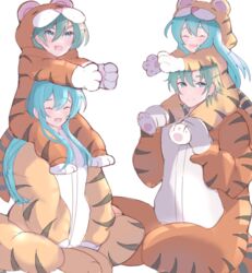  2boys 2girls absurdres aged_down animal_costume animal_print aqua_hair blue_eyes blue_hair brother_and_sister dual_persona eirika_(fire_emblem) ephraim_(fire_emblem) fire_emblem fire_emblem:_the_sacred_stones fire_emblem_heroes green_hair highres holding juneplums long_hair multiple_boys multiple_girls short_hair siblings smile tiger_costume tiger_print time_paradox 