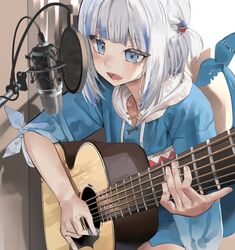  acoustic_guitar animal_hood bad_id bad_twitter_id blue_eyes blue_hair blue_hoodie blunt_bangs blush drawstring female fins fish_tail gawr_gura gawr_gura_(1st_costume) grey_hair guitar hair_ornament hairclip hani_haya highres hololive hololive_english hood hood_down hoodie instrument long_hair long_sleeves microphone multicolored_hair music open_mouth playing_instrument recording_studio shark_girl shark_hood shark_tail sharp_teeth sleeves_rolled_up solo streaked_hair studio_microphone tail teeth virtual_youtuber 