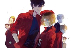  6+boys arm_behind_head arm_up black_hair blonde_hair brown_hair eyebrows grey_hair haiba_lev haikyuu!! hair_between_eyes highres inuoka_sou jacket kai_nobuyuki korean_commentary kozume_kenma kuroo_tetsurou looking_at_viewer male_focus mgmg_1012 multicolored_hair multiple_boys nekoma_volleyball_uniform short_hair smile sportswear track_jacket two-tone_hair volleyball_uniform yaku_morisuke yamamoto_taketora yellow_eyes 