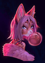  2022 anthro backlighting blowing_bubble_gum blue_eyes bubble bubble_gum candy clothed clothing dessert digital_media_(artwork) felid feline female food gum hair hauringu inflating light lighting lips looking_at_viewer mammal pink_lips pink_nose serval solo white_hair 