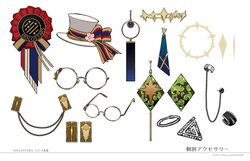  accessories award_ribbon collar_chain_(jewelry) commentary copyright_name copyright_notice diamond_(shape) ear_piercing earrings flower glasses gold_trim halo hat hat_flower hat_ribbon holostars jewelry logo mini_hat multicolored_ribbon no_humans nozaki_tsubata piercing reference_sheet ribbon round_eyewear shield_print single_earring star_(symbol) star_earrings still_life striped striped_ribbon sword_print triangle_earrings unworn_eyewear white_headwear 