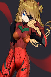  arm_up ass_visible_through_thighs blonde_hair blue_eyes bodysuit closed_mouth commentary cowboy_shot dduck_kong dutch_angle evangelion:_3.0_you_can_(not)_redo eyepatch female gloves highres looking_at_viewer neon_genesis_evangelion photoshop_(medium) plugsuit rebuild_of_evangelion red_bodysuit red_gloves skin_tight smile solo souryuu_asuka_langley standing two-tone_background two_side_up 