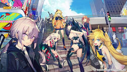  6+girls aa-12_(girls&#039;_frontline) ahoge anniversary architect_(girls&#039;_frontline) ass asymmetrical_legwear backpack bag bare_shoulders billboard black_hair blonde_hair blue_eyes breasts bridge city cityscape clear_(djmax) cleavage collarbone commentary company_name crossover cup disposable_coffee_cup disposable_cup djmax djmax_respect english_commentary eyepatch fail_(djmax) girls&#039;_frontline green_hair hat highres jacket kneehighs large_breasts light_purple_hair long_hair looking_at_viewer low_ponytail m200_(girls&#039;_frontline) medium_breasts medium_hair messy_hair micro_uzi_(girls&#039;_frontline) mismatched_legwear multiple_girls nail_polish official_art oop orange_hair outdoors pink_eyes pink_nails ponytail purple_eyes red_eyes road s.a.t.8_(girls&#039;_frontline) sangvis_ferri shiny_clothes side_ponytail sidelocks sleeveless smile socks springfield_(girls&#039;_frontline) stairs thighhighs traffic_light twintails v very_long_hair watermark white_hair 