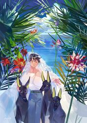  1boy belt black_belt black_dog black_hair blue_pants blue_sky canine cloud cloudy_sky cowboy_shot day flower horizon kuribulb leaf male_focus multicolored_flower original outdoors pants parted_lips plant red_flower shirt_tucked_in short_hair signature sky solo water 