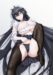  absurdly_long_hair absurdres azur_lane black_hair black_panties black_pantyhose black_skirt breasts choker cleavage commentary_request crotchless crotchless_pantyhose feet_out_of_frame female frilled_choker frills hair_between_eyes highres huge_breasts indomitable_(azur_lane) indomitable_(ms._motivationless_maid)_(azur_lane) long_hair looking_at_viewer lying maid_headdress miniskirt official_alternate_costume on_back panties pantyhose pleated_skirt simple_background skindentation skirt solo thighs tierla underwear very_long_hair white_background yellow_eyes 