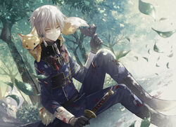  1boy angel31424 armor black_gloves blood blood_on_clothes commentary_request fox gloves japanese_armor katana leaf male_focus mask menpoo military military_uniform nakigitsune nakigitsune&#039;s_fox necktie pants photoshop_(medium) sitting sword torn_clothes torn_pants touken_ranbu tree uniform unworn_mask weapon white_hair yellow_eyes 