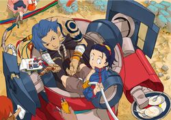  3boys bangs_pinned_back blue_hair brown_shorts darry_adai electric_plug female gimmy_adai goggles hair_slicked_back jacket kamina_(ttgl) lagann male_focus multiple_boys out_of_frame plate rag red_eyes short_hair shorts simon_(ttgl) sitting spoon stuffed_toy sushio tattoo tengen_toppa_gurren_lagann topless_male wiping 