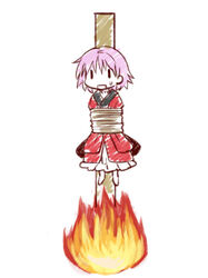  burning_at_the_stake commentary_request dress female fire hair_between_eyes japanese_clothes kimono naegi_(naegidokoro) no_nose open_mouth pink_hair purple_hair red_dress red_kimono short_hair simple_background solo sukuna_shinmyoumaru sweatdrop tied_to_stake touhou white_background |_| 