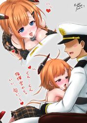  1boy azur_lane bell blue_eyes blush_stickers breasts cleavage collar commander_(azur_lane) commentary_request dated elbow_gloves eltnage female foxhound_(azur_lane) foxhound_(retrofit)_(azur_lane) gloves hair_ornament hairclip heart heart-shaped_pupils hug military military_uniform neck_bell one_eye_closed open_mouth orange_hair saliva short_hair_with_long_locks signature sitting symbol-shaped_pupils tongue tongue_out translated uniform 