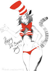  absurd_res anthro bow_(feature) bow_tie bra breasts clothing distracting_watermark domestic_cat dr._seuss english_text felid feline felis female hair hat headgear headwear hi_res looking_at_viewer mammal markings navel one_eye_closed open_mouth panties simple_background smile solo standing striped_markings striped_tail stripes tail tail_markings text the_cat_(the_cat_in_the_hat) the_cat_in_the_hat underwear vexstacy watermark white_background wide_hips wink 