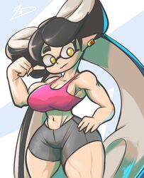  2023 animal_humanoid athletic athletic_female athletic_humanoid biceps big_breasts black_hair bottomwear bra breasts callie_(splatoon) cephalopod cephalopod_humanoid cleavage clothed clothing crop_top curvy_figure digital_drawing_(artwork) digital_media_(artwork) dreamerknight ear_piercing ear_ring eyelashes female fingers flexing flexing_bicep hair hand_on_hip hand_on_own_hip hi_res hourglass_figure humanoid humanoid_pointy_ears inkling light-skinned_female light_body light_skin long_hair looking_at_viewer marine marine_humanoid midriff mollusk mollusk_humanoid multicolored_hair muscular muscular_female muscular_humanoid muscular_thighs navel nintendo not_furry piercing pseudo_hair ring_piercing shirt shorts side_boob signature simple_background small_waist smile solo splatoon sports_bra tan_hair tentacle tentacle_hair thick_thighs topwear two_tone_hair underwear v-cut voluptuous wide_hips workout_clothing yellow_eyes 