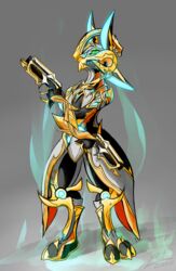  alien anthro anthrofied digital_extremes female glowing glowing_ears gold_(metal) green_eyes gun handgun hi_res lodi_(artist) nyx_(warframe) pistol pose ranged_weapon simple_background solo standing tencent tenno warframe weapon 