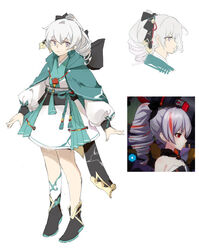  black_footwear bronya_zaychik bronya_zaychik_(black_nucleus) character_profile china_dress chinese_clothes chon_(klliaytong) closed_mouth dress drill_hair female full_body grey_eyes grey_hair hair_between_eyes hair_ornament highres honkai_(series) honkai_impact_3rd long_hair long_sleeves looking_at_viewer multicolored_hair red_eyes reference_sheet single_sock smile socks solo streaked_hair white_socks 