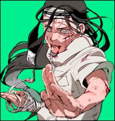  1boy artist_name bandaged_arm bandages black_hair blind blood blood_from_mouth blood_on_clothes blood_on_face blood_on_hands bruise byakugan collar collared_shirt commentary_request facial_mark fighting_stance green_background grey_eyes highres hyuuga_neji injury long_hair looking_at_viewer male_focus naruto naruto_(series) parted_lips scratches shirt short_sleeves signature simple_background solo standing swastika twitter_username upper_body white_shirt zifletts 