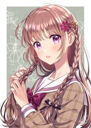  adjusting_hair blush bow bowtie braid brown_hair brown_shirt commentary cosmos_(flower) female floral_background flower hair_flower hair_ornament hands_up highres long_hair long_sleeves looking_at_viewer morikura_en original parted_lips pink_flower plaid plaid_shirt purple_bow purple_bowtie purple_eyes purple_flower sailor_collar school_uniform serafuku shirt solo twin_braids upper_body white_sailor_collar 