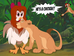  animaniacs avian bird chicken chicken_boo clothing costume crossover disguise disney felid female feral galliform gallus_(genus) group herpestid lion male mammal meerkat nala_(the_lion_king) pantherine parody phasianid shiladalioness text the_lion_king timon warner_brothers 