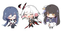  3girls :d black_footwear black_hair boots bowl braid brown_hair candy character_request chibi chon_(klliaytong) chopsticks closed_eyes closed_mouth cup food fruit fu_hua fu_hua_(herrscher_of_sentience) fu_hua_(valkyrie_accipiter) full_body hair_between_eyes hair_ornament holding holding_bowl holding_chopsticks holding_cup holding_food honkai_(series) honkai_impact_3rd invisible_chair lollipop long_hair multiple_girls noodles official_alternate_costume open_mouth peach ponytail ramen simple_background sitting smile transparent_background white_hair yellow_eyes 