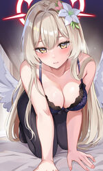  absurdres all_fours bare_shoulders bed_sheet black_pantyhose blonde_hair blue_archive bra braid breasts cleavage collarbone commentary_request crown_braid female flower hair_flower hair_ornament halo heavy_breathing highres konka lace lace_bra large_breasts long_hair looking_at_viewer nagisa_(blue_archive) on_bed pantyhose parted_lips pink_flower purple_bra smile solo teeth underwear very_long_hair white_flower yellow_eyes 