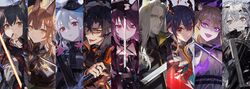  2boys 6+girls absurdres animal_ears arknights black_hair blue_hair brown_eyes cat_ears ch&#039;en_(arknights) column_lineup commentary_request demon_horns dragon_horns flamebringer_(arknights) fox_ears franka_(arknights) hellagur_(arknights) highres horns id_card ji_mag_(artist) lappland_(arknights) light_brown_hair melantha_(arknights) multicolored_hair multiple_boys multiple_girls purple_hair red_eyes sharp_teeth sheath skadi_(arknights) skadi_(elite_ii)_(arknights) sword teeth texas_(arknights) unsheathing utage_(arknights) weapon white_eyes white_hair wolf_ears yellow_eyes 