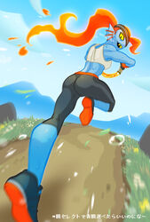  animal_humanoid ass blue_body blue_scales blue_skin bodily_fluids bottomwear breath clothing cosplay crossover crossover_cosplay female fire fish fish_humanoid flaming_hair footwear humanoid looking_back marine marine_humanoid midriff nam nintendo pants pseudo_hair ring_fit_adventure ring_fit_trainer running scales shoes sneakers solo sweat text translated undertale undertale_(series) undyne yellow_sclera yoga_pants 