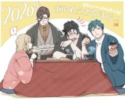  2020 3boys alternate_costume black_hair blonde_hair blue_hair brown_hair chopsticks controller cup drunk fate/grand_order fate_(series) female food glasses grey_eyes happy_new_year hijikata_toshizou_(fate) holding holding_chopsticks holding_remote_control kotatsu looking_at_another looking_to_the_side lunapont multiple_boys new_year noodles okita_souji_(fate) orange_eyes remote_control saitou_hajime_(fate) sitting soba table yamanami_keisuke_(fate) 