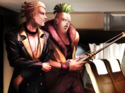  2boys bare_pectorals beach_boy_(stand) blonde_hair fishing_rod formal fur-trimmed_collar fur_trim green_hair green_lips highres jojo_no_kimyou_na_bouken male_focus multiple_boys pectorals pesci prosciutto sano_(hospital_0434) suit train_interior vento_aureo 