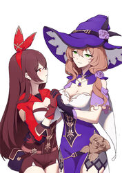  2girls absurdres amber_(genshin_impact) artificial_flower bag bare_shoulders belt breasts brown_flower brown_rose capelet cleavage dress dress_flower eye_contact eyelashes flower genshin_impact gloves green_eyes hair_between_eyes hair_flower hair_ornament hair_ribbon hat hat_belt hat_flower highres holding_hands interlocked_fingers jewelry joyeac large_breasts lisa_(genshin_impact) long_hair long_sleeves looking_at_another multiple_girls necklace open_mouth purple_dress purple_flower purple_headwear purple_rose red_eyes red_ribbon ribbon rose short_hair shorts simple_background thighs white_background witch_hat 