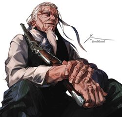  1boy artist_name beard buttons closed_mouth commentary_request facial_hair fingernails from_below golden_kamuy green_pants gun hair_slicked_back highres hijikata_toshizou_(golden_kamuy) holding holding_gun holding_weapon long_hair long_sleeves looking_away male_focus old old_man pants rifle shirt signature simple_background sitting smile solo striped_clothes striped_pants thick_eyebrows twitter_username weapon white_background white_hair white_shirt winchester_model_1892 zifletts 