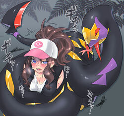  bare_shoulders baseball_cap black_vest blue_eyes blush breasts brown_hair cleavage colored_sclera commentary_request constriction fangs female forked_tongue hat high_ponytail hilda_(pokemon) long_hair ooshio7734 open_mouth pokemon pokemon_(creature) pokemon_bw ponytail red_sclera restrained seviper shirt sidelocks simple_background sleeveless snake snake_bondage sweat tearing_up tongue tongue_out vest white_shirt 