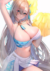  armpits asuna_(blue_archive) asymmetrical_bangs bare_shoulders blue_archive blue_eyes blush bouncing_breasts breasts character_name cheerleader cleavage cosplay crop_top detached_collar english_text female grin hair_over_one_eye halo halterneck head_tilt highres holding holding_pom_poms large_breasts light_brown_hair long_hair looking_at_viewer midriff millennium_cheerleader_outfit_(blue_archive) miniskirt mochimochi_dando mole mole_on_breast motion_lines navel pleated_skirt pom_pom_(cheerleading) simple_background skirt smile solo sweat very_long_hair white_background 