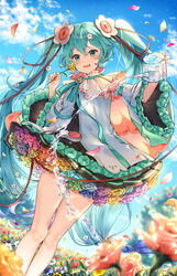  aqua_eyes aqua_flower aqua_ribbon aqua_rose armpit_peek bare_legs blue_hair blue_sky blurry blurry_background braid brooch cable capelet cloud cloudy_sky commentary day depth_of_field detached_sleeves dot_nose dress dress_flower dutch_angle feet_out_of_frame female field flower flower_field flower_request flower_underskirt glint gradient_hair grass green_flower green_rose grey_flower grey_rose hair_between_eyes hair_flower hair_ornament hands_up hatsune_miku highres holding holding_flower holding_watering_can jewelry kyashii_(a3yu9mi) legs_together light_blush light_particles long_hair looking_at_viewer low-tied_long_hair low_twin_braids magical_mirai_(vocaloid) magical_mirai_miku magical_mirai_miku_(2021) motion_blur multicolored_hair neck_ribbon open_mouth orange_flower orange_rose outdoors petals pink_flower pleated_dress purple_flower purple_hair purple_rose ribbon rose short_dress sky smile solo striped striped_ribbon tree tsurime twin_braids twintails very_long_hair vocaloid water water_drop watering_can white_flower wide_sleeves yellow_flower 