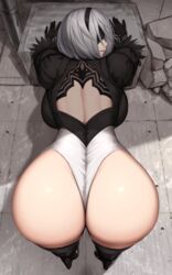  2b_(nier:automata) akitsuki_karasu arm_support ass ass_focus back_cutout backboob bent_over black_blindfold black_gloves black_hairband blindfold breasts clothing_cutout covered_eyes facing_back feather-trimmed_sleeves female foreshortening from_above from_behind full_body gloves hairband high_heels highleg highleg_leotard highres juliet_sleeves leotard long_sleeves looking_at_viewer looking_back nier:automata nier_(series) profile puffy_sleeves shadow short_hair solo standing thighhighs thong_leotard variant_set white_hair 