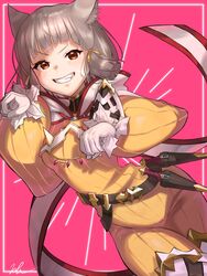  absurdres animal_ears blunt_bangs bodysuit cat_ears cat_girl facial_mark female flat_chest gloves grey_hair highres kyosuke1413koba nia_(xenoblade) oerba_yun_fang short_hair solo white_gloves xenoblade_chronicles_(series) xenoblade_chronicles_2 yellow_bodysuit yellow_eyes 