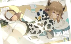  1boy animal_ears animal_print arknights ass bad_id bad_pixiv_id bird bison_(arknights) briefs brown_eyes brown_hair cellphone cow_boy cow_ears cow_hood cow_horns cow_print cow_tail emperor_(arknights) emperor_penguin from_behind horns looking_at_viewer looking_back luye_yuan male_focus male_underwear md5_mismatch penguin penguin_logistics_(arknights) phone resolution_mismatch source_larger tail underwear 