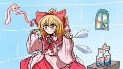  2girls blonde_hair bow cirno cosplay daiyousei green_hair hair_dye hair_ornament hairbow highres ice ice_wings igloo multiple_girls red_ribbon ribbon satsuki_rin satsuki_rin_(cosplay) segen_(segen311) snow_shelter touhou wings yellow_eyes 