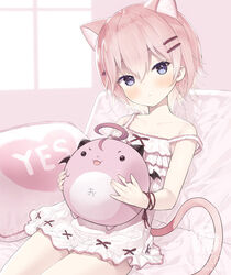  :&lt; animal_ear_fluff animal_ears barefoot black_eyes blush capriccio cat_ears cat_girl cat_tail closed_mouth collarbone commentary creature extra_ears female hair_between_eyes hair_ornament hairclip indoors looking_at_viewer original pink_hair short_hair sitting solo strap_slip tail yes yes-no_pillow 