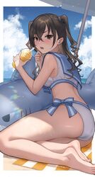  ass bare_shoulders barefoot beach beach_umbrella black_hair breasts brown_eyes cup feet female highres holding holding_cup idolmaster idolmaster_cinderella_girls inflatable_shark inflatable_toy mole mole_under_eye ribbon ro_torobo sailor_bikini sailor_collar sailor_swimsuit_(idolmaster) sharp_teeth smoothie soles solo sunazuka_akira teeth thighs toes twitter_username two_side_up umbrella wet 