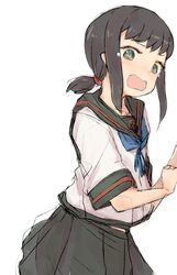  alchera black_hair black_sailor_collar black_skirt cowboy_shot female fubuki_(kancolle) fubuki_kai_ni_(kancolle) green_eyes kantai_collection long_hair looking_at_viewer low_ponytail open_mouth pleated_skirt ponytail sailor_collar school_uniform serafuku short_ponytail sidelocks simple_background skirt solo white_background 