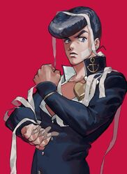  1boy bandages bandaid bandaid_on_face black_hair blue_eyes clenched_hands closed_mouth diamond_wa_kudakenai furrowed_brow gakuran heart higashikata_josuke highres holding holding_bandaid jacket jojo_no_kimyou_na_bouken male_focus pink_background pompadour school_uniform simple_background solo tissue yokusiranaina 