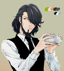  1boy alternate_costume bartender beard black_hair black_necktie black_vest brown_eyes cocktail_shaker collared_shirt color_guide commentary_request facial_hair hair_over_one_eye holding holding_shaker hoyano_(maimai) jigen_daisuke looking_to_the_side lupin_iii male_focus mixing necktie shirt short_hair simple_background smile solo vest white_shirt 