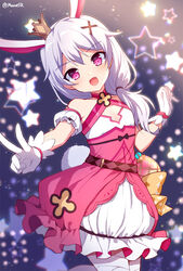  :d animal_ears bandaged_leg bandages blurry blurry_background blush collar commentary_request crown depth_of_field detached_collar dress duplicate female frilled_dress frills gloves hair_between_eyes hair_ornament hairclip honkai_(series) honkai_impact_3rd korean_commentary long_hair looking_at_viewer low_ponytail magical_girl mauve mini_crown open_mouth outstretched_arm photoshop_(medium) pink_dress pixel-perfect_duplicate ponytail puffy_short_sleeves puffy_sleeves purple_eyes rabbit_ears short_sleeves smile solo star_(symbol) starry_background theresa_apocalypse theresa_apocalypse_(sakuno_rondo) twitter_username v white_collar white_dress white_gloves white_hair x_hair_ornament 