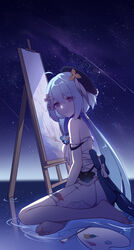  absurdres barefoot beret blue_hair blue_headwear bob_cut closed_mouth commentary_request dress easel feet female full_body griseo griseo_(starry_impression) hat highres honkai_(series) honkai_impact_3rd incredibly_absurdres looking_at_viewer looking_to_the_side neprbq night night_sky painting_(action) palette_(object) purple_eyes seiza sitting sky soles star_(sky) starry_sky strap_slip toes water white_dress 