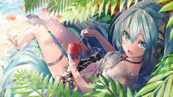  :d aqua_eyes aqua_hair aqua_nails barefoot bikini black_bikini blush breasts commentary crop_top daidou_(demitasse) day female food from_side grey_shirt halterneck hatsune_miku highres holding holding_weapon ice_cream_spoon innertube long_hair looking_at_viewer looking_to_the_side lying md5_mismatch nail_polish navel on_back open_mouth outdoors see-through shallow_water shaved_ice shirt short_sleeves small_breasts smile solo spoon sunlight swim_ring swimsuit thigh_strap toenail_polish toenails twintails very_long_hair vocaloid water weapon wet wet_clothes wet_shirt 