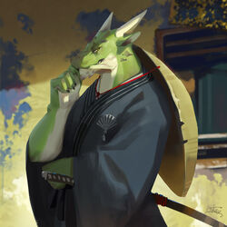  1:1 anthro asian_clothing big_hat black_claws chin_scratch chin_spikes claws clenched_teeth clothed clothing conical_hat countershade_arms countershade_face countershading detailed_background digital_media_(artwork) digital_painting_(artwork) dragon east_asian_clothing facial_spikes fully_clothed glare green_body green_skin grey_clothing half-length_portrait hat headgear headwear hi_res horn insignia japanese_clothing katana lokey looking_back male melee_weapon multicolored_body mythological_creature mythological_scalie mythology narrowed_eyes outside oversized_clothing portrait samurai sash scalie scratching sheathed_sword side_view snout solo spikes spikes_(anatomy) squint standing string sword teeth two_tone_body warrior weapon white_body white_countershading white_horn white_skin yellow_eyes yukata 