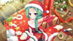  bare_shoulders belt between_legs black_belt black_footwear box braid breasts brick_floor candy candy_cane cardboard_box christmas christmas_ornaments christmas_wreath cleavage closed_mouth dot_nose dress duct_tape female film_grain food from_above game_cg gift green_hair hand_between_legs hat holding holding_gift incoming_gift izumi_tsubasu large_breasts layered_dress lens_flare long_braid long_hair looking_at_viewer merry_christmas neck_garter non-web_source official_art re:stage! santa_costume santa_dress santa_hat shirokita_kuroha single_braid sitting smile solo sparkle star_(symbol) strapless strapless_dress tinsel wariza wreath yellow_eyes 