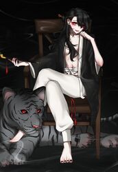  bad_id bad_pixiv_id black_background black_hair black_nails chair clothing_request crossed_legs female hair_between_breasts hair_ornament hair_over_one_eye hair_stick highres kiseru long_hair looking_at_viewer navel open_clothes original piranaa red_eyes sitting smoking_pipe solo tiger white_tiger 